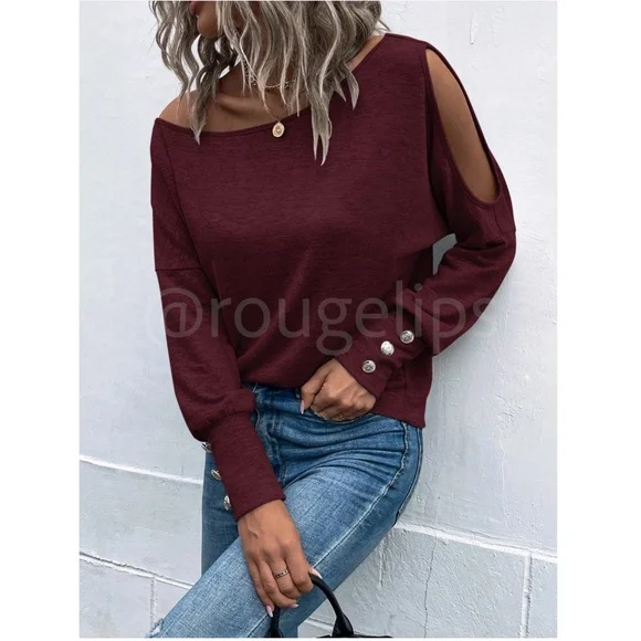 Burgundy One Cold Shoulder Asymmetric Boat Neck Long Sleeve Tee Shirt - Picture 1 of 9